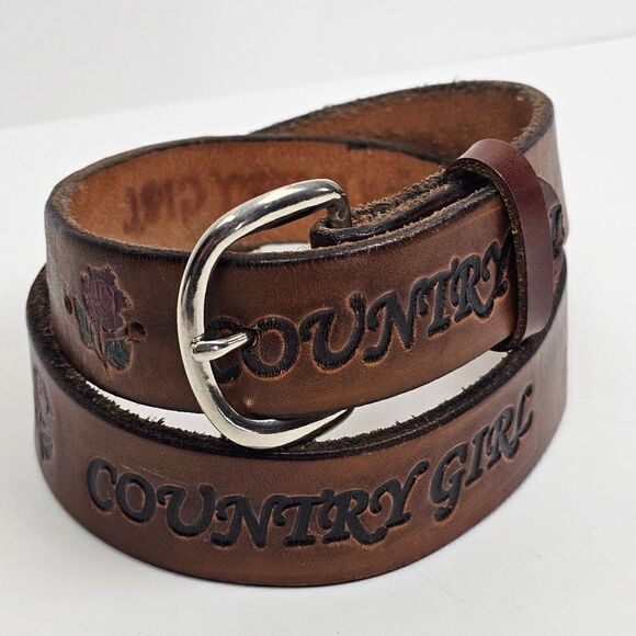 Vintage Brown Genuine Leather Western Country Girl Red Rose Embossed Tooled Belt - Picture 1 of 10